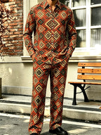Men's Collared Long-Sleeve Shirt and Pants Two-Piece Set – Floral Print