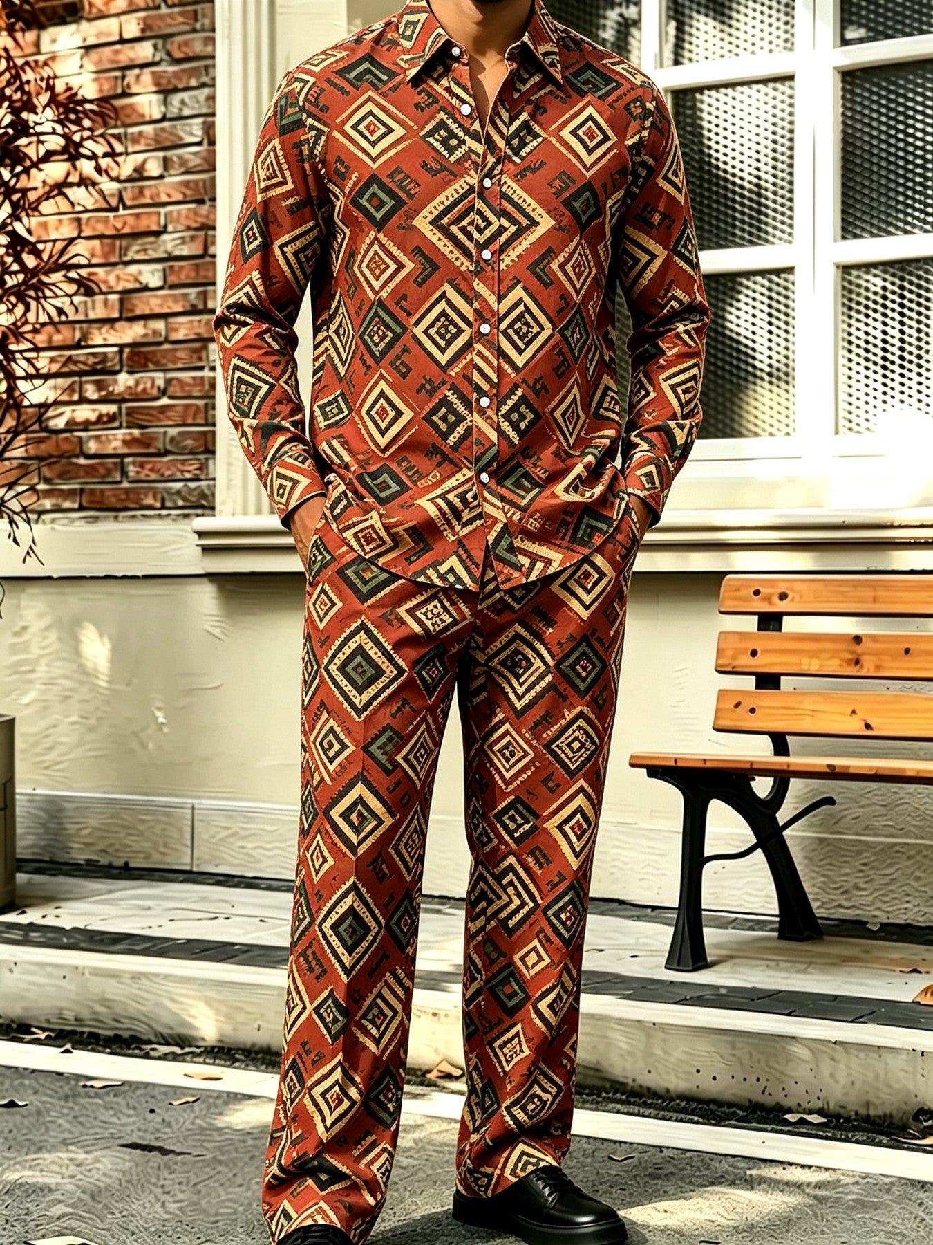 Men's Collared Long-Sleeve Shirt and Pants Two-Piece Set – Floral Print