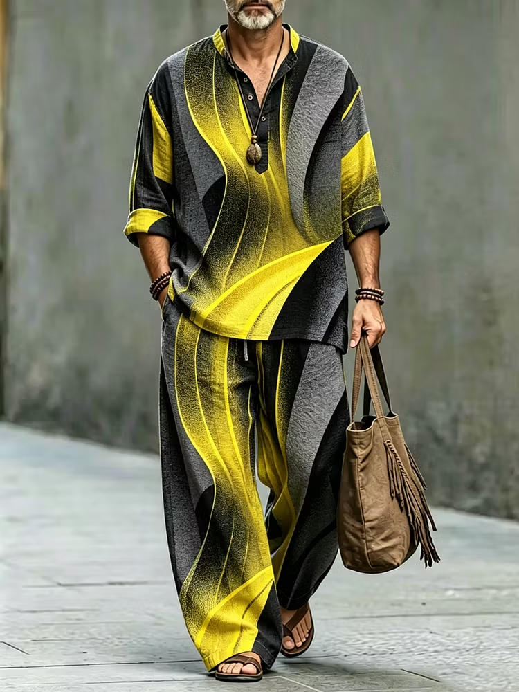 Men's Yellow Wave Print Henley Shirt & Pants Set - Loose Casual Outfit