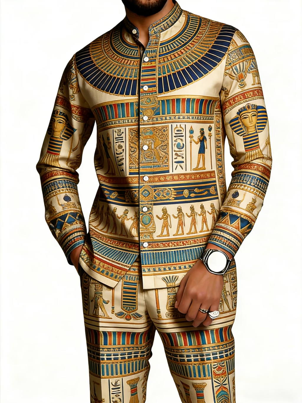 2026 Hot Selling Cross-Border Men's African Ethnic Print Casual Long-Sleeved Trousers Set
