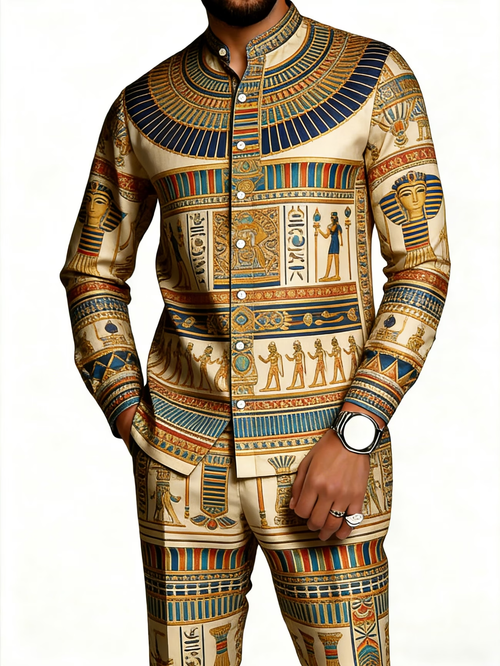 2026 Hot Selling Cross-Border Men's African Ethnic Print Casual Long-Sleeved Trousers Set