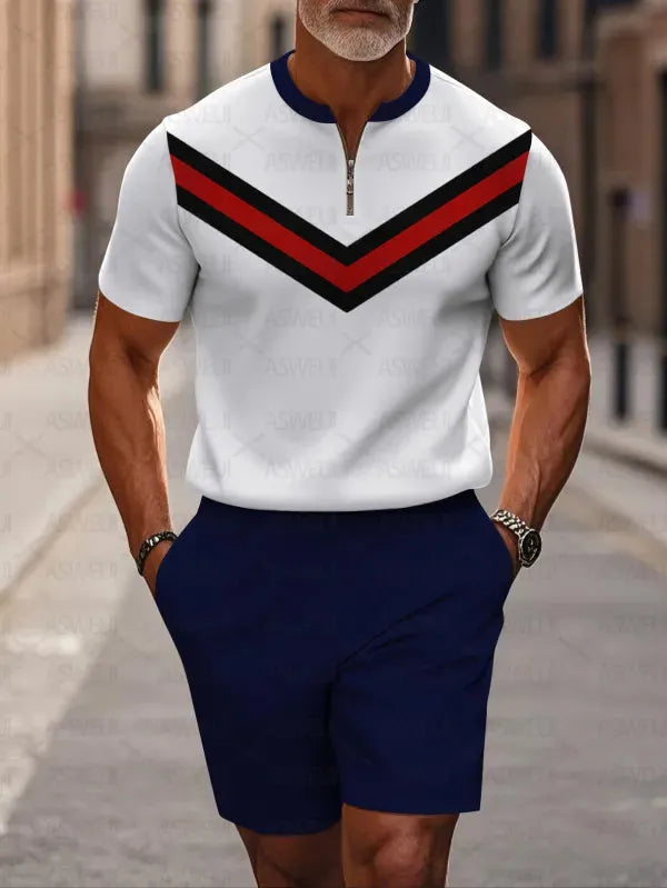 Men's two-piece set featuring a short-sleeved, half-zip polo top with a small stand-up collar and printed pattern, paired with shorts.
