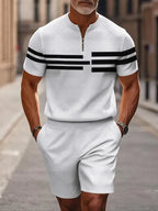 Men's two-piece set featuring a short-sleeved, half-zip polo top with a small stand-up collar and printed pattern, paired with shorts.