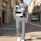 Men's two-piece set featuring a long-sleeved top with a half-zip Polo collar and matching trousers, characterized by an irregular pattern and a casual style.
