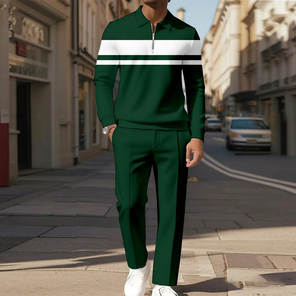 Men's two-piece set featuring a long-sleeved top with a half-zip Polo collar and matching trousers, characterized by an irregular pattern and a casual style.