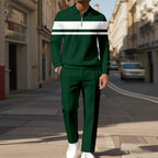 Men's two-piece set featuring a long-sleeved top with a half-zip Polo collar and matching trousers, characterized by an irregular pattern and a casual style.