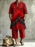 2026 New Men's Loose Plus-Size Abstract Print Stand-Collar Long Shirt & Cropped Pants Two-Piece Set