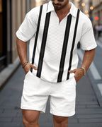 New Summer Men's 2-Piece Set: Zippered Polo Collar Short-Sleeve Top & Shorts – Color-Block Design with 3D Small-Check Texture (Euro-American Style)