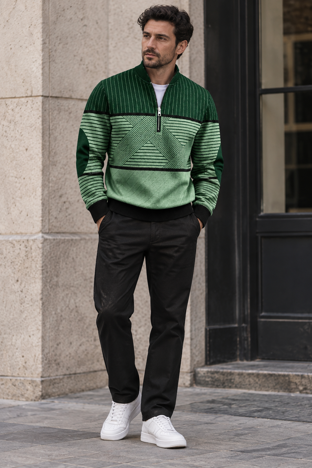 Men's Green Geometric Half-Zip Pullover