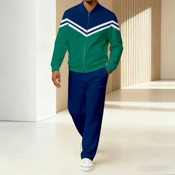 Men's Green Red Zip Up Tracksuit Set - Striped Jacket & Track Pants