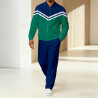 Men's Green Red Zip Up Tracksuit Set - Striped Jacket & Track Pants