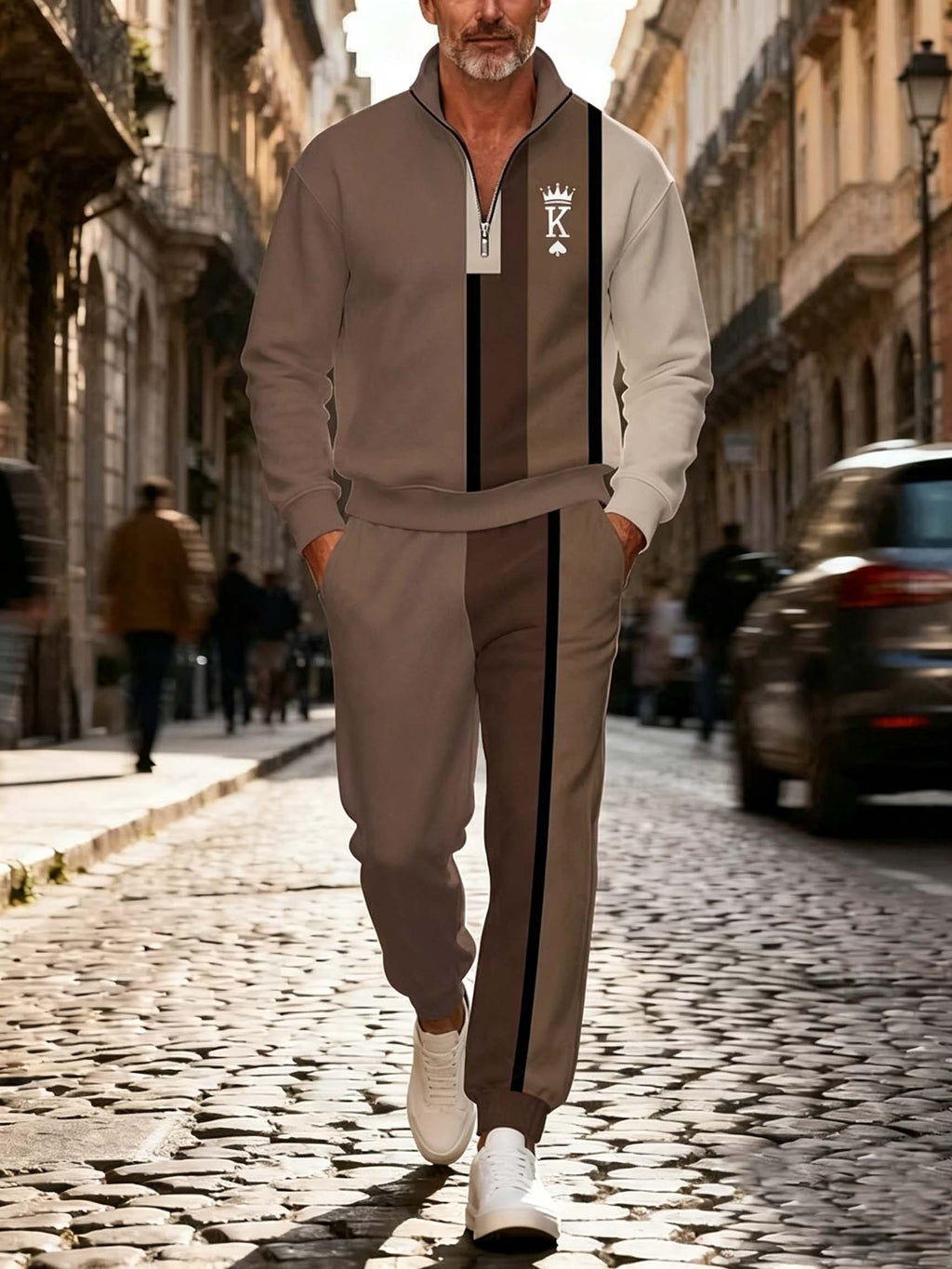 Men's Abstract Panel Quarter Zip Tracksuit Set - Casual Pullover & Joggers