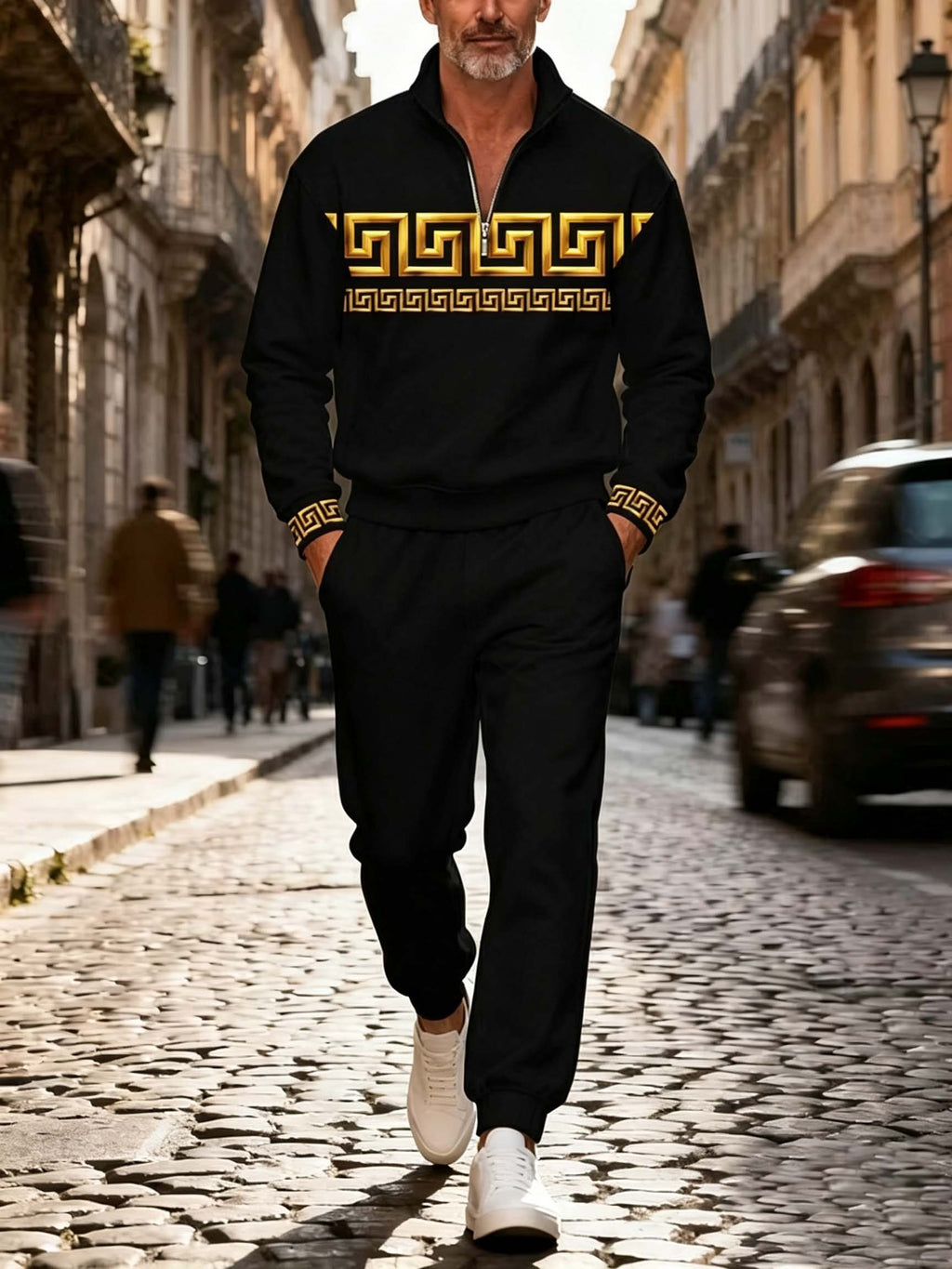 Men's Abstract Panel Quarter Zip Tracksuit Set - Casual Pullover & Joggers