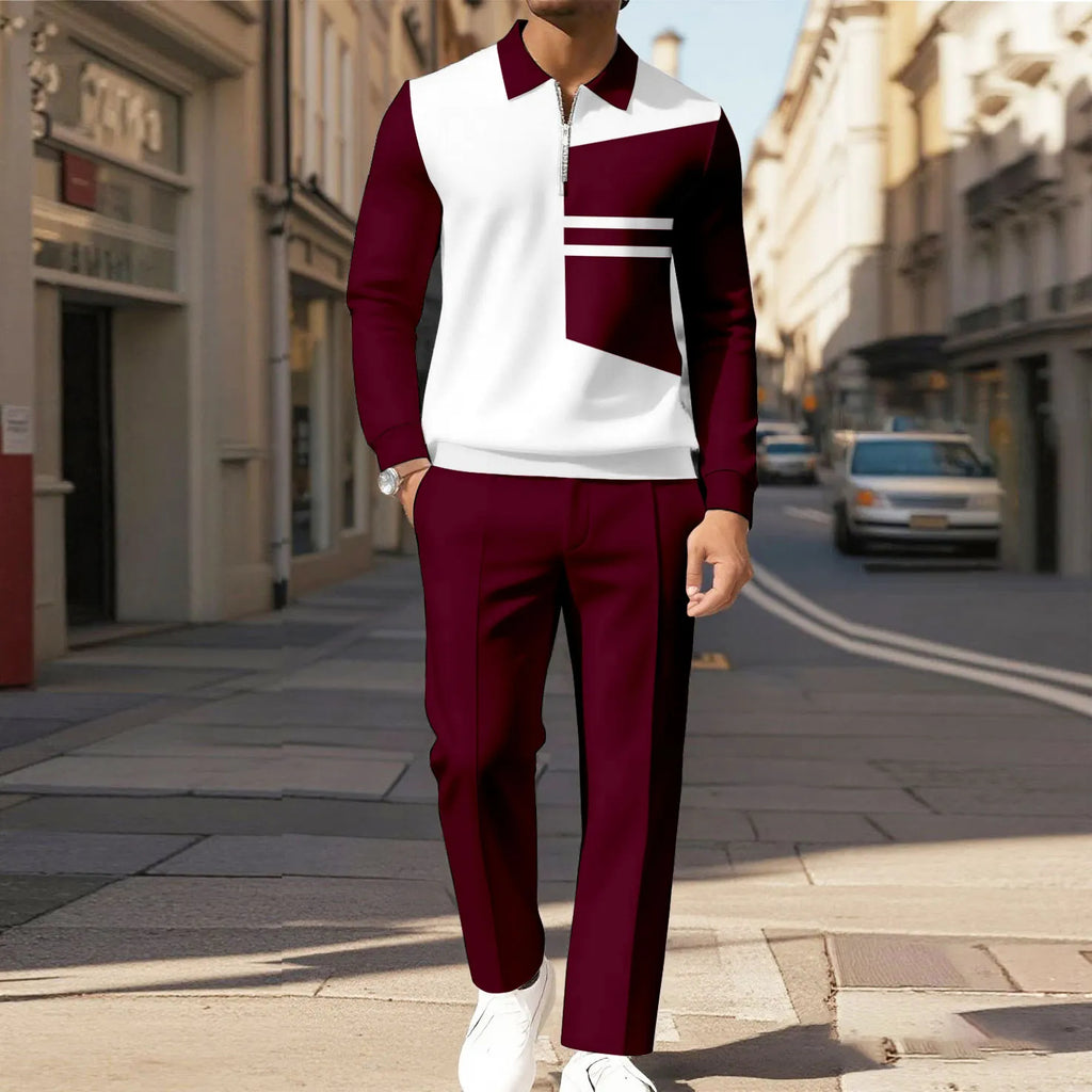 Men's two-piece set featuring a long-sleeved top with a half-zip Polo collar and matching trousers, characterized by an irregular pattern and a casual style.