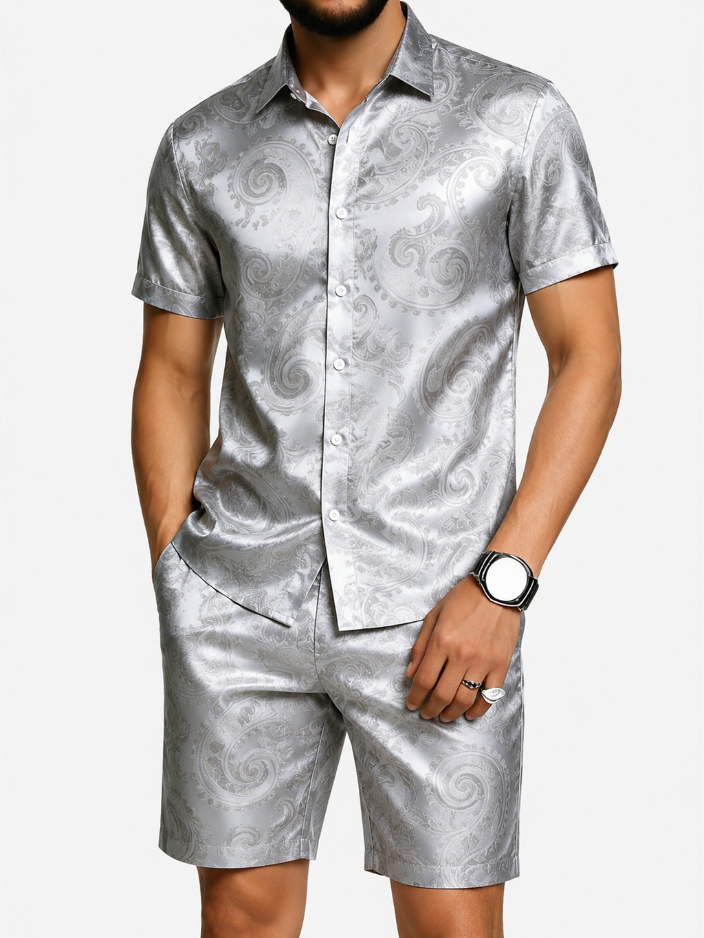 Men's Silver Paisley Short Sleeve Shirt & Shorts Set