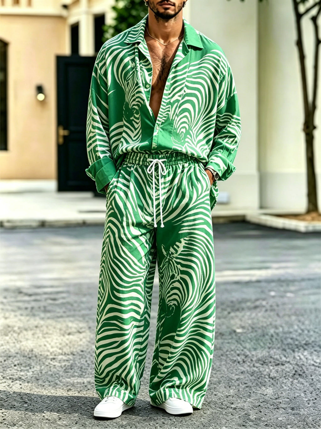 2026 New Men's Casual Printed Long-Sleeve Shirt and Pants Two-Piece Set