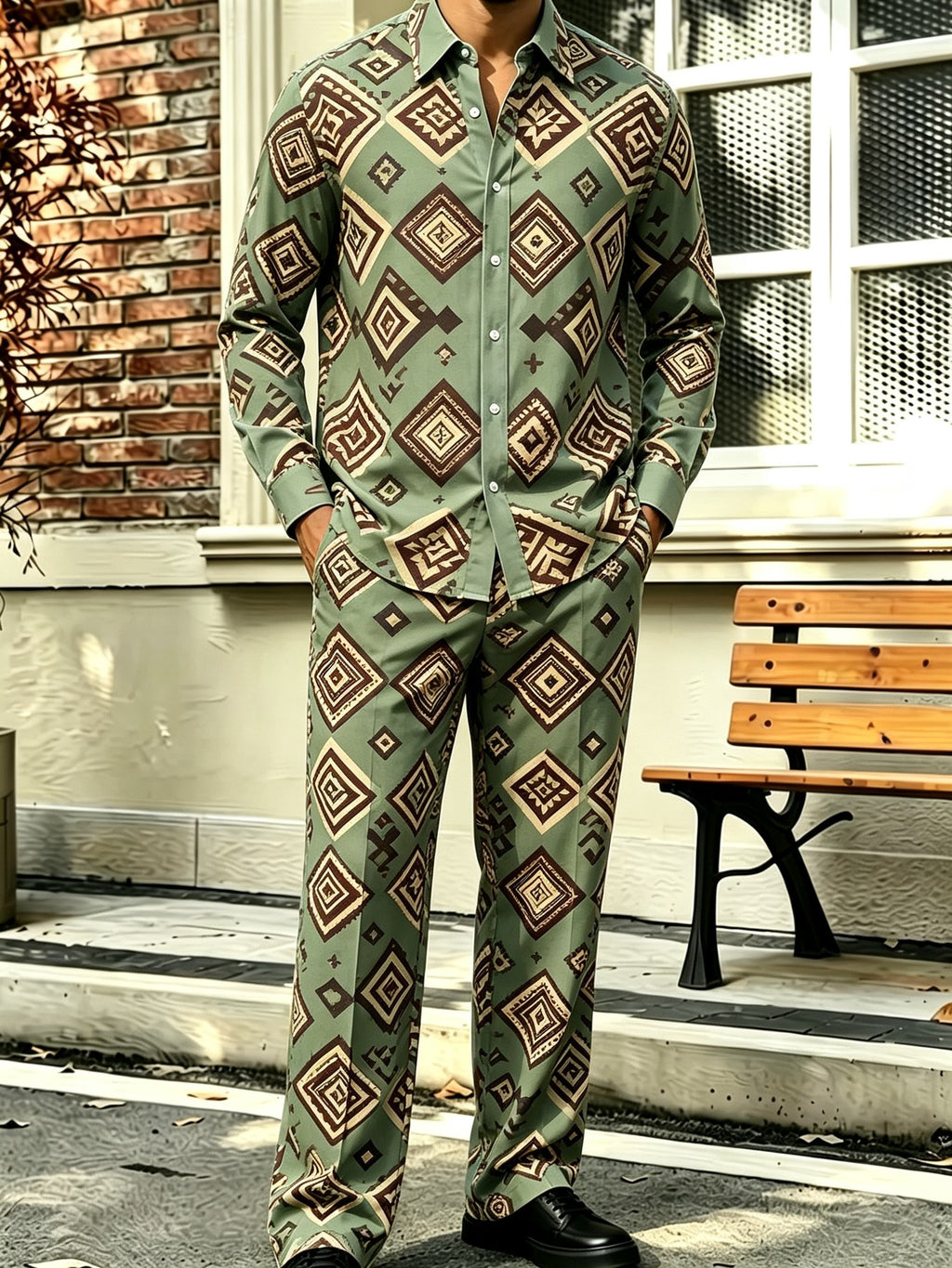 Men's Collared Long-Sleeve Shirt and Pants Two-Piece Set – Floral Print