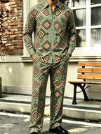 Men's Collared Long-Sleeve Shirt and Pants Two-Piece Set – Floral Print