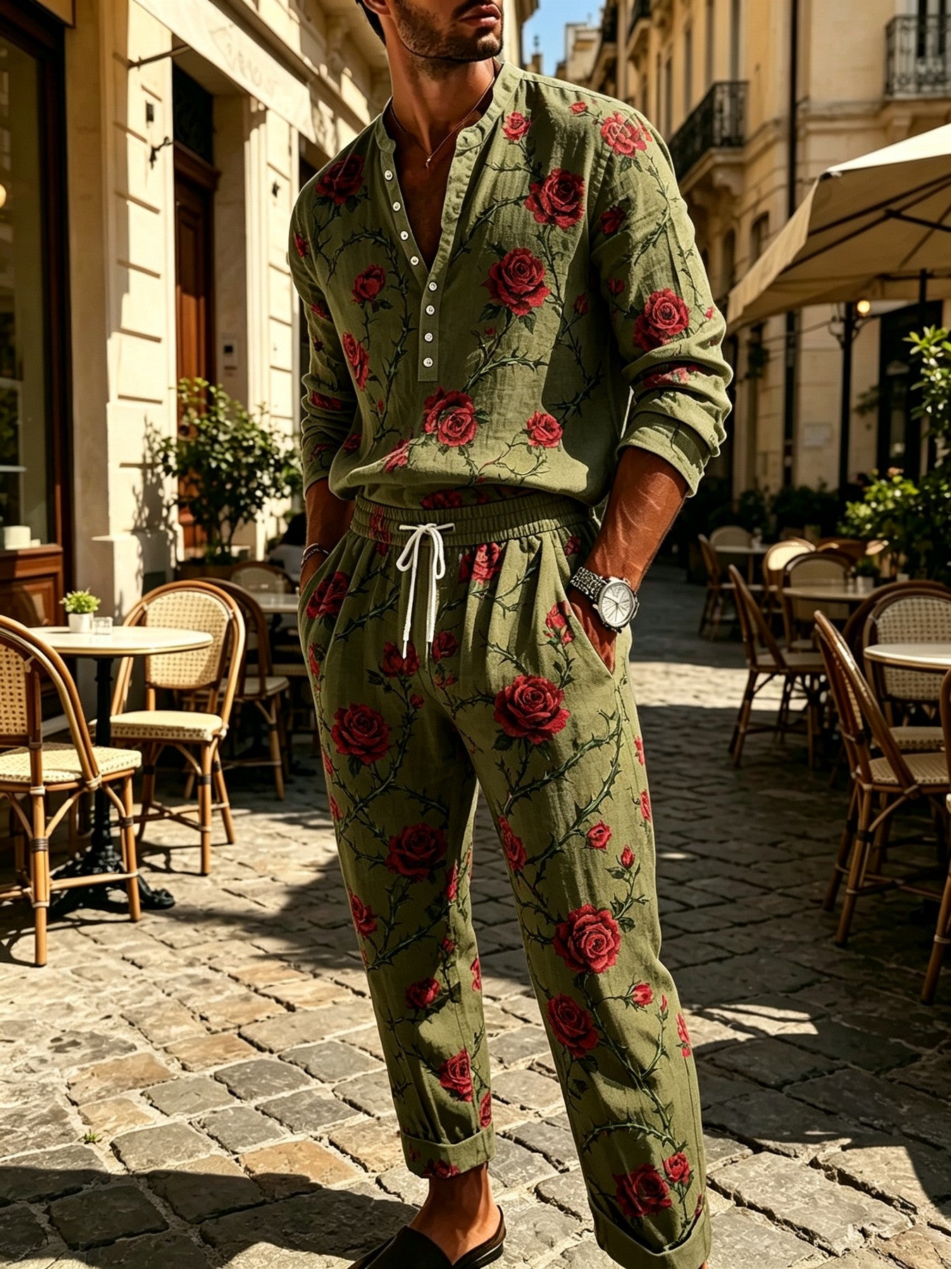 Men's V-Neck Button Shirt and Drawstring Pants Set product image 4