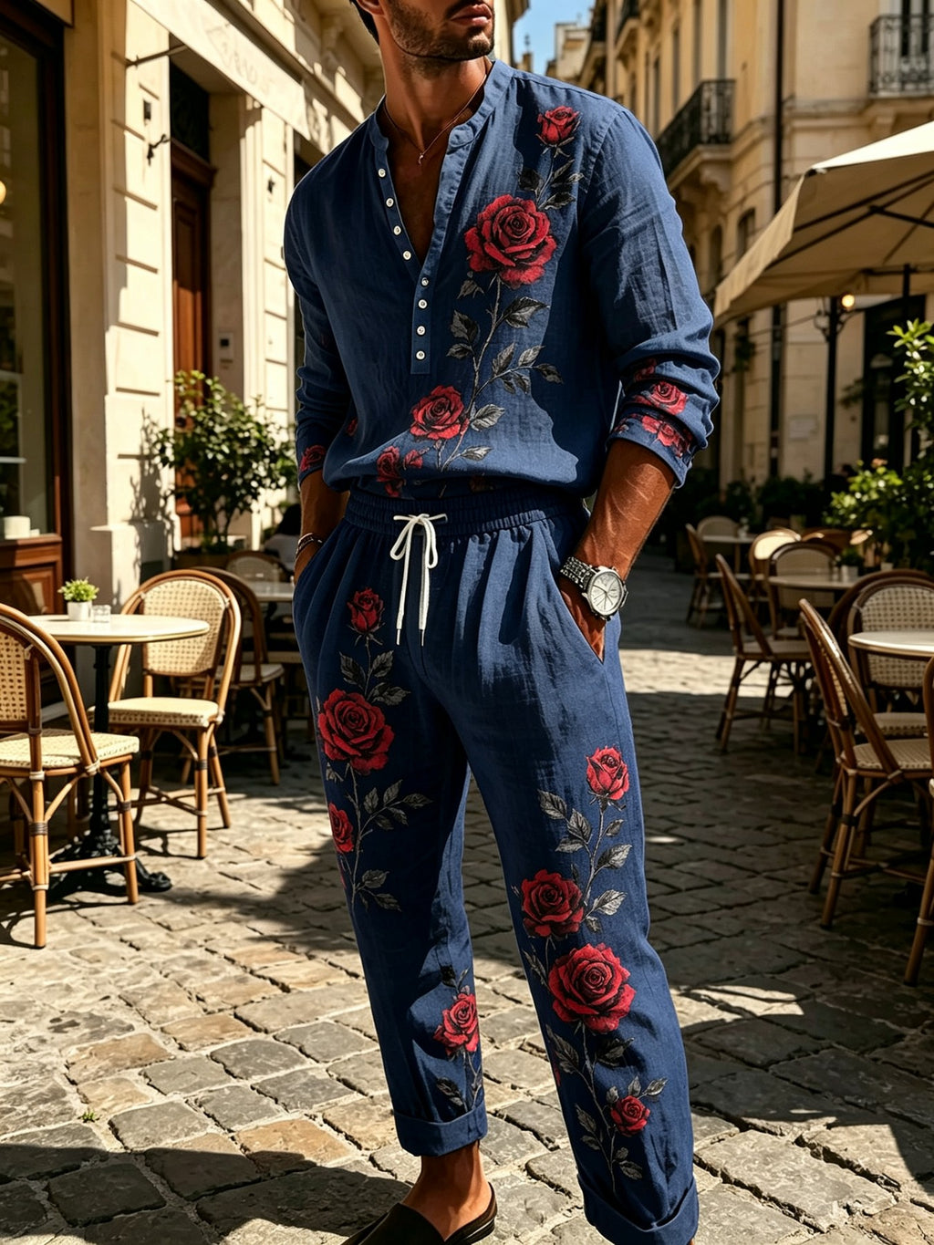 Men's V-Neck Button Shirt and Drawstring Pants Set product image 7