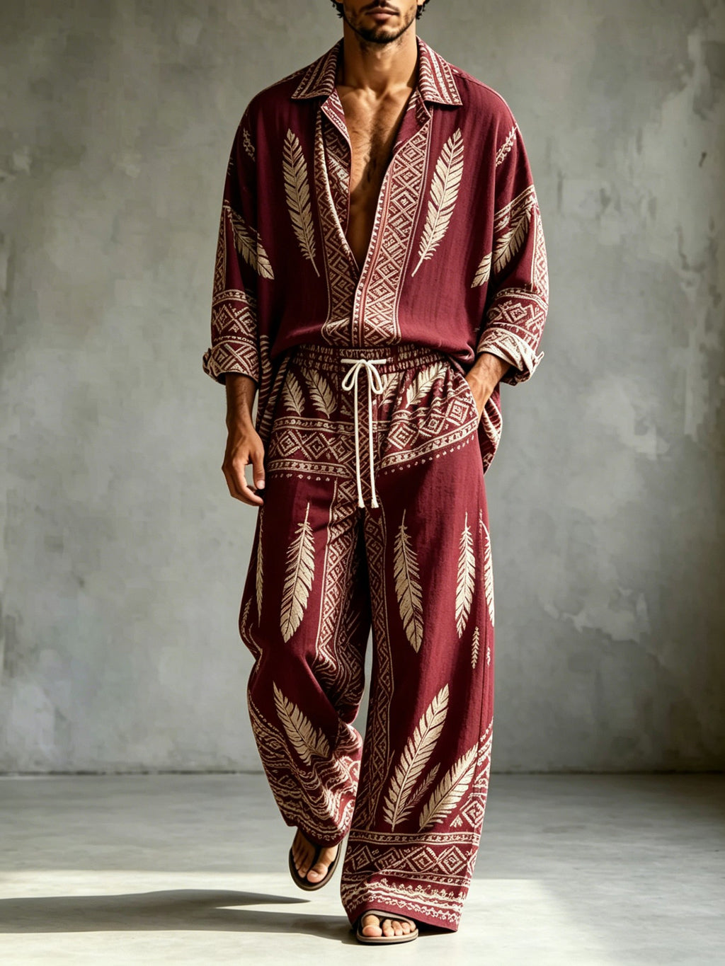 2026 New Men's Casual Printed Long-Sleeve Shirt and Pants Two-Piece Set
