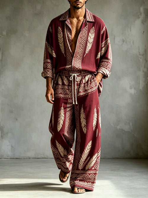 2026 New Men's Casual Printed Long-Sleeve Shirt and Pants Two-Piece Set