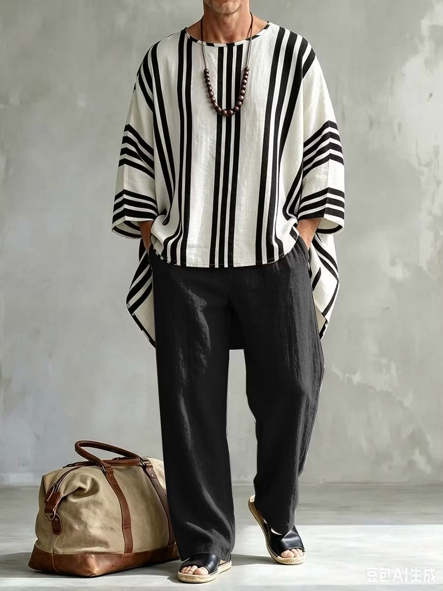 New Men's Spring/Autumn Two-Piece Set: Casual Crew-Neck Top with Abstract Colorful Print and Folded Sleeves—Perfect for Leisure and Vacation.