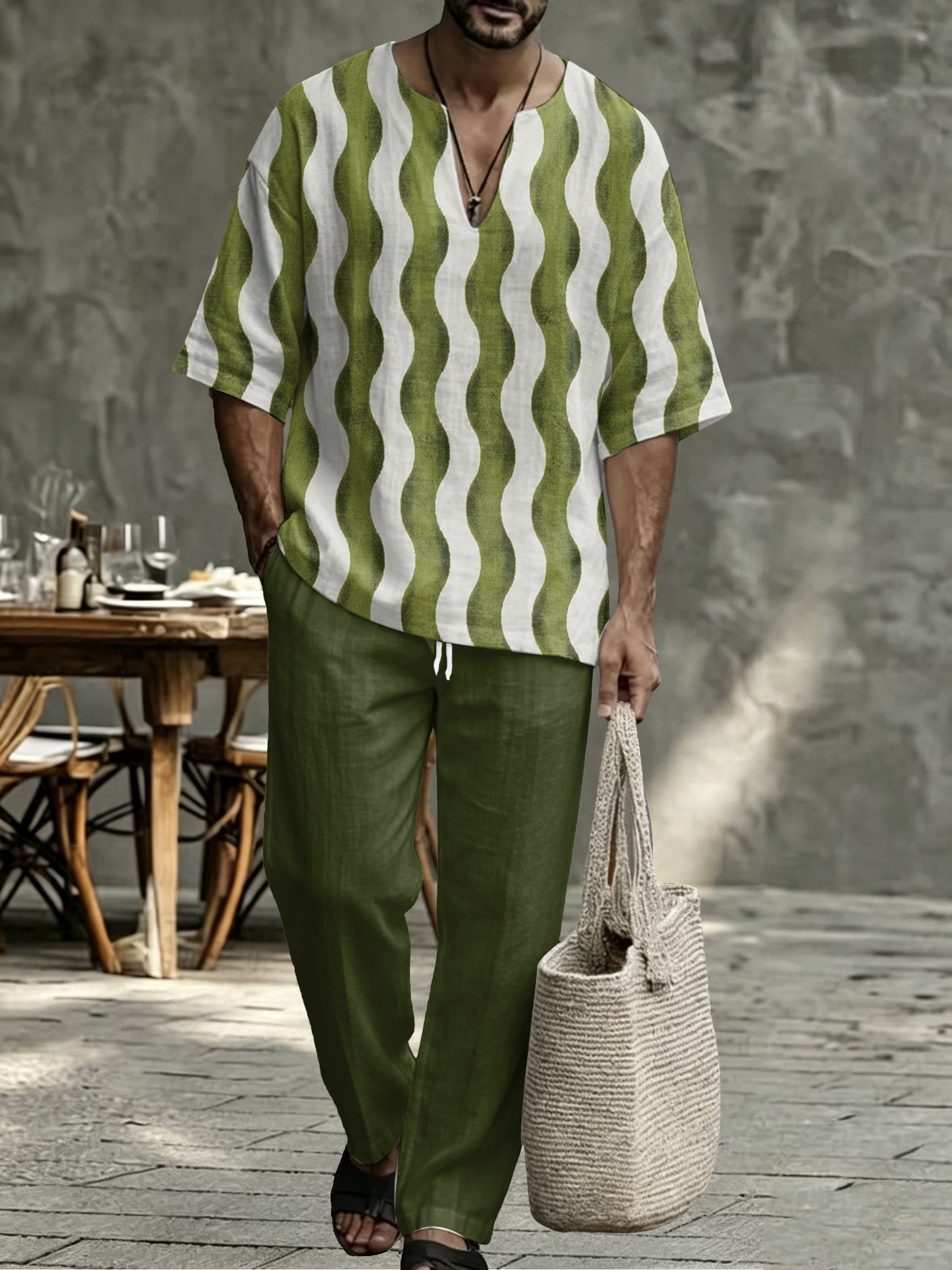 Men's Navy Striped V Neck Two Piece Set - Relaxed Summer Shirt & Pants