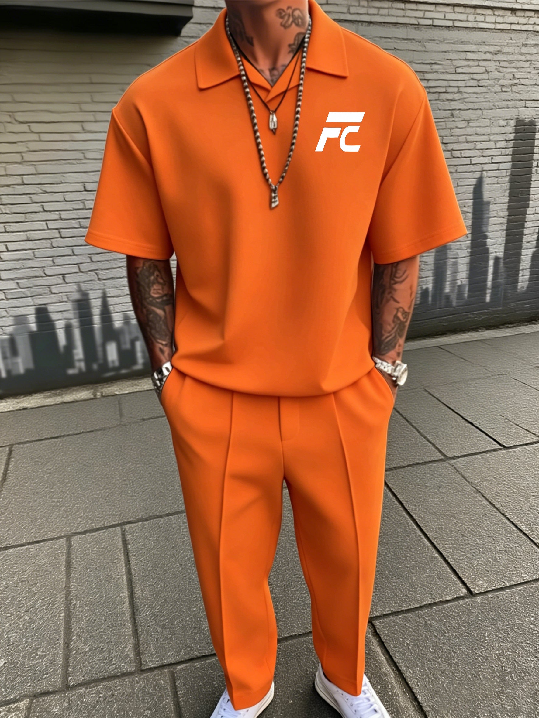 New Men's Summer Casual Two-Piece Set: Short-Sleeve Top & Trousers (Polo Style with Small V-Neck Collar)