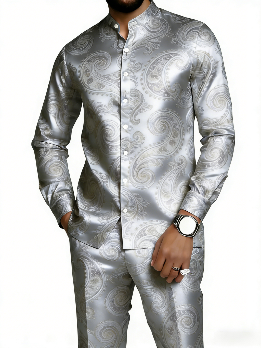 Men's Gold Paisley Print Mandarin Collar Shirt & Pants Set