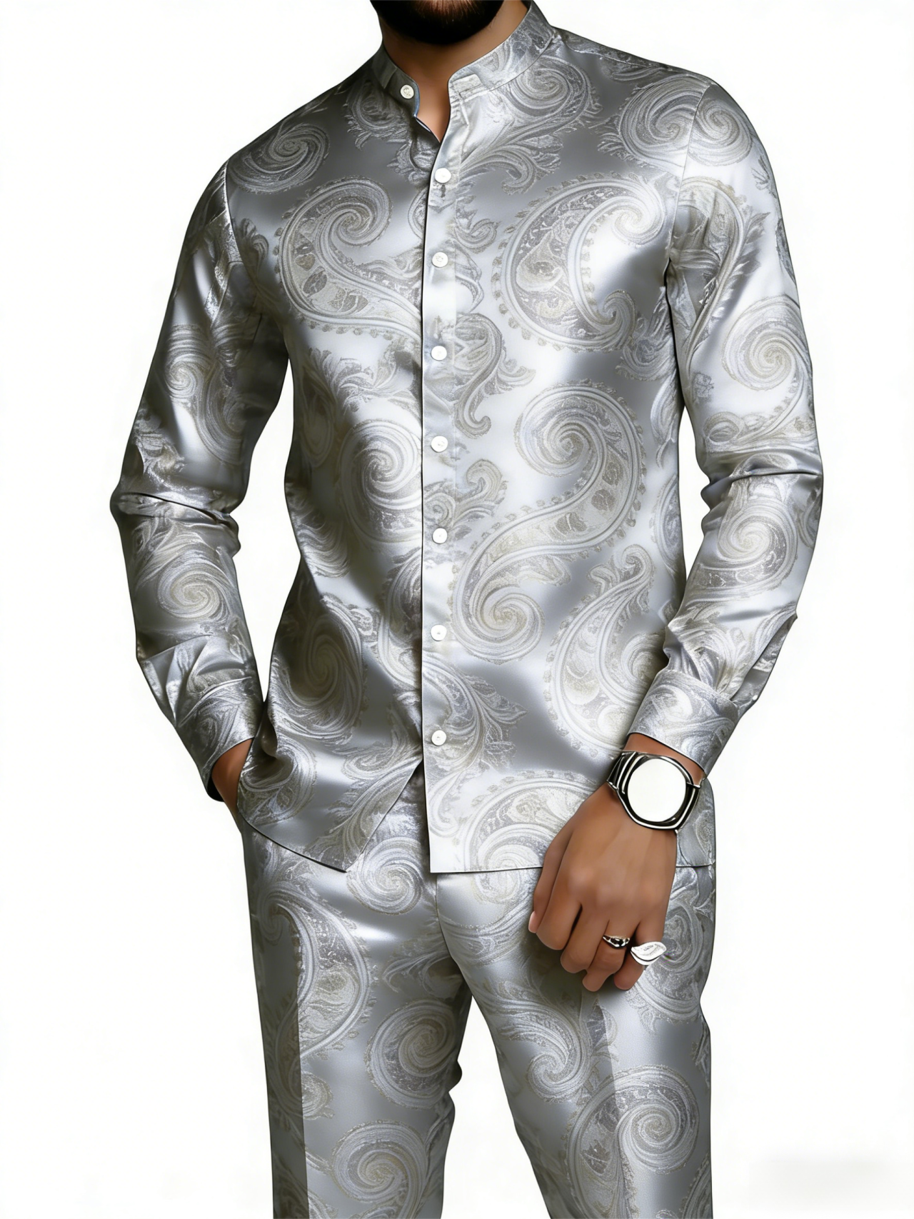 Men's Gold Paisley Print Mandarin Collar Shirt & Pants Set