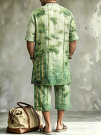2026 New Men's Loose Plus-Size Abstract Print Stand-Collar Long Shirt & Cropped Pants Two-Piece Set