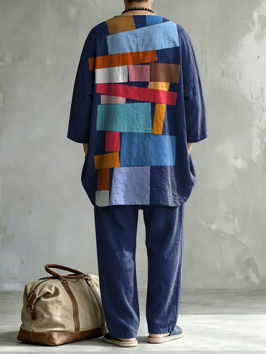 New Men's Spring/Autumn Two-Piece Set: Casual Crew-Neck Top with Abstract Colorful Print and Folded Sleeves—Perfect for Leisure and Vacation.