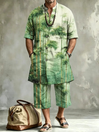 2026 New Men's Loose Plus-Size Abstract Print Stand-Collar Long Shirt & Cropped Pants Two-Piece Set