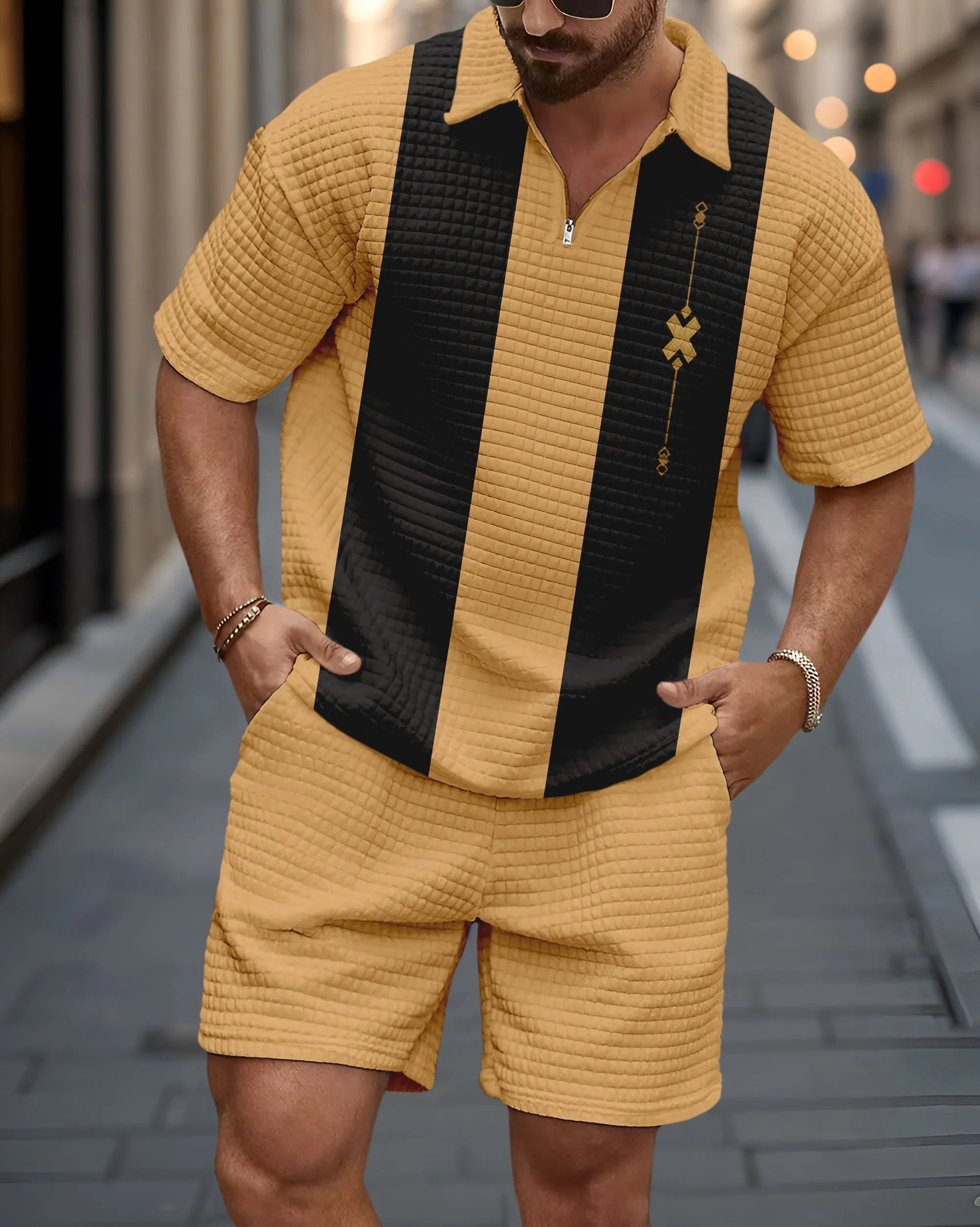 New Summer Men's 2-Piece Set: Zippered Polo Collar Short-Sleeve Top & Shorts – Color-Block Design with 3D Small-Check Texture (Euro-American Style)