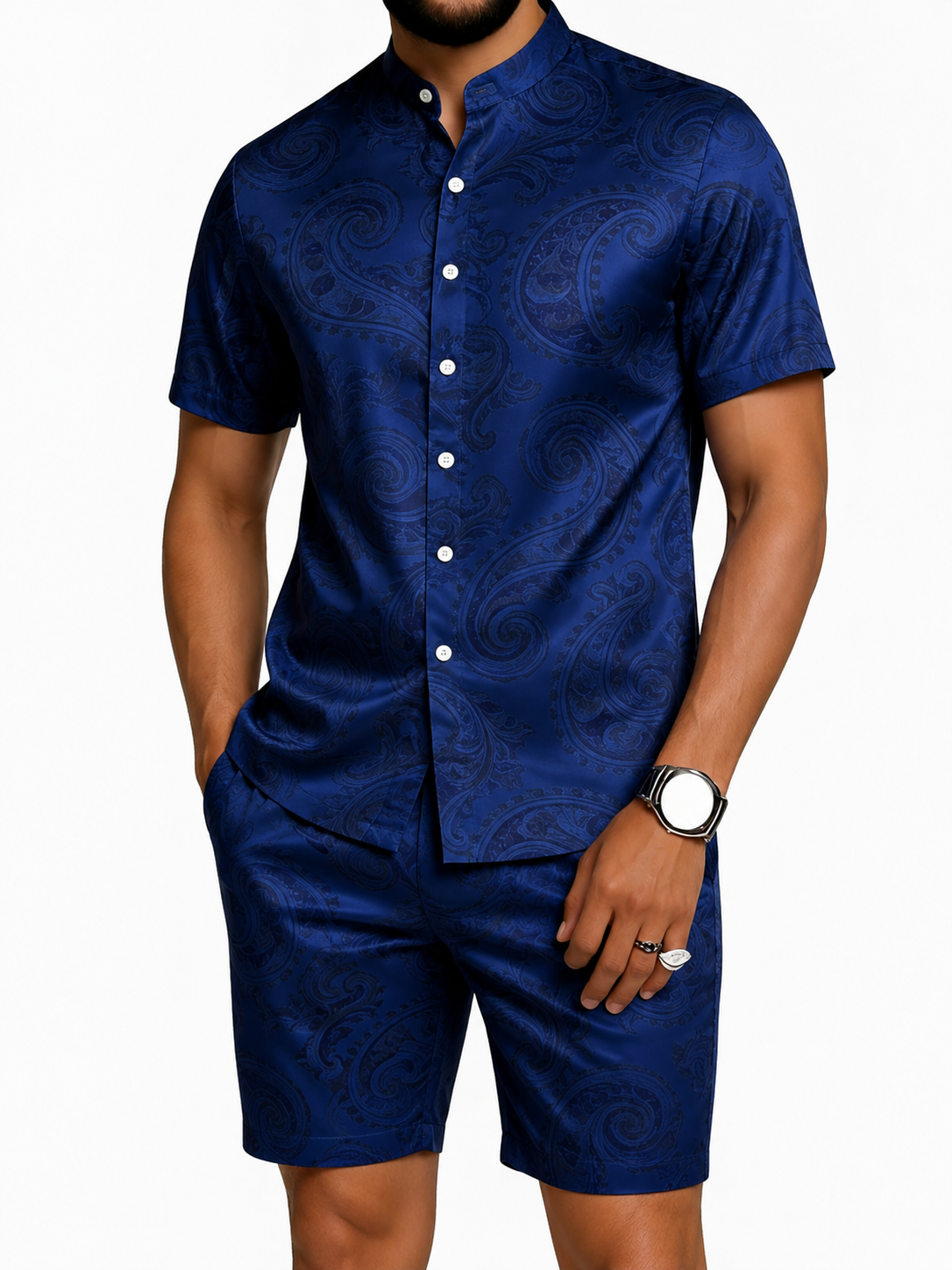 Men's Silver Paisley Short Sleeve Shirt & Shorts Set