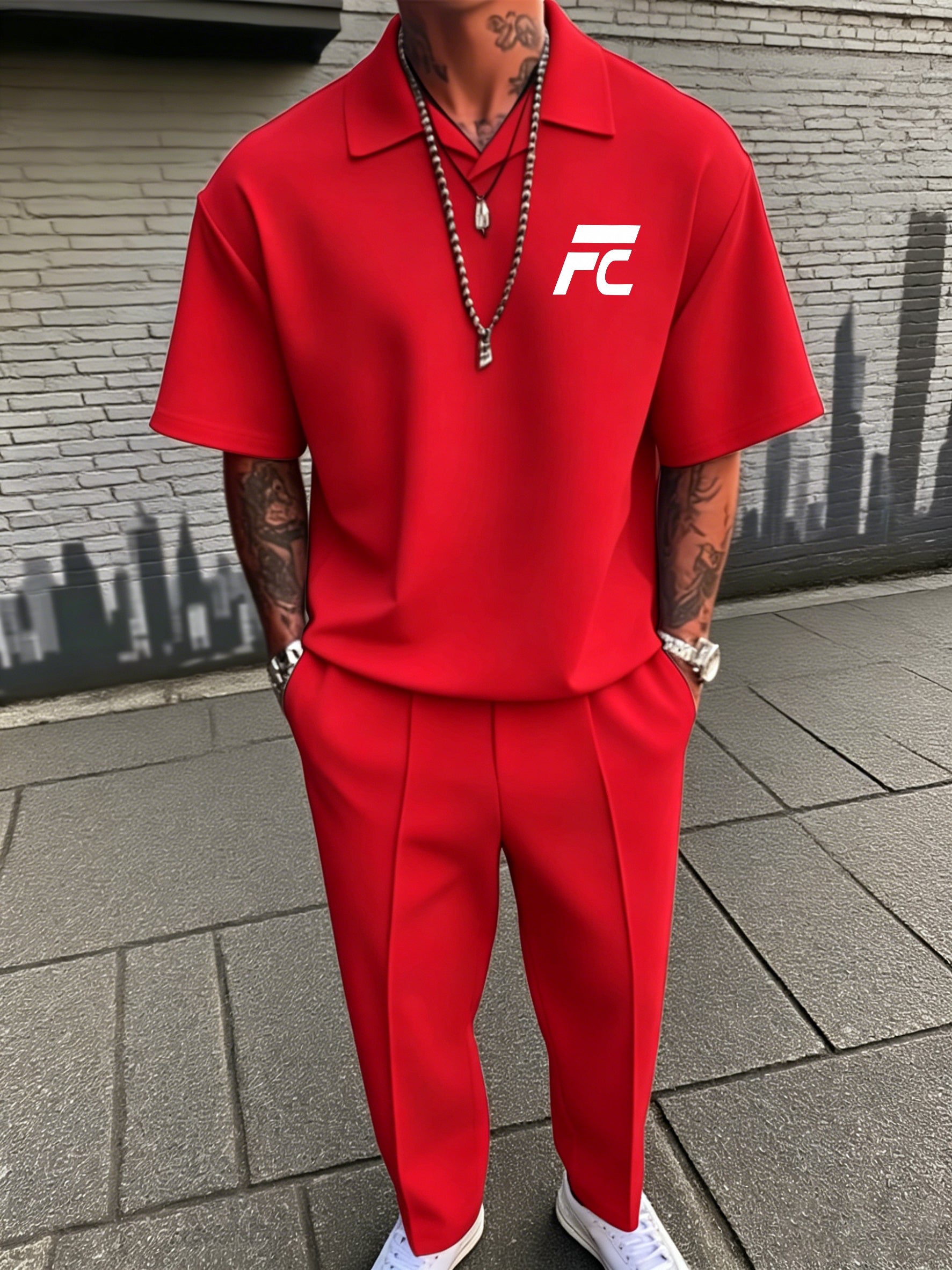 New Men's Summer Casual Two-Piece Set: Short-Sleeve Top & Trousers (Polo Style with Small V-Neck Collar)