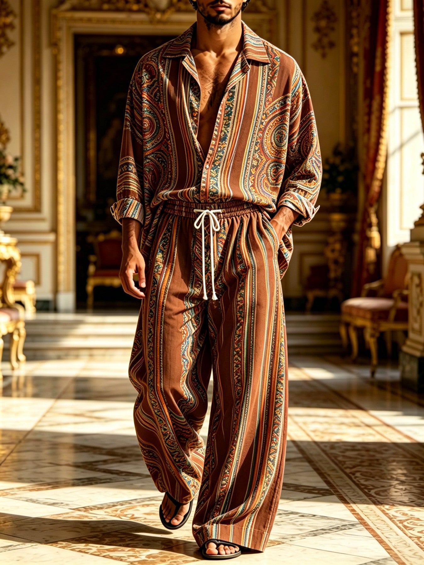 2026 New Men's Casual Printed Long-Sleeve Shirt and Pants Two-Piece Set