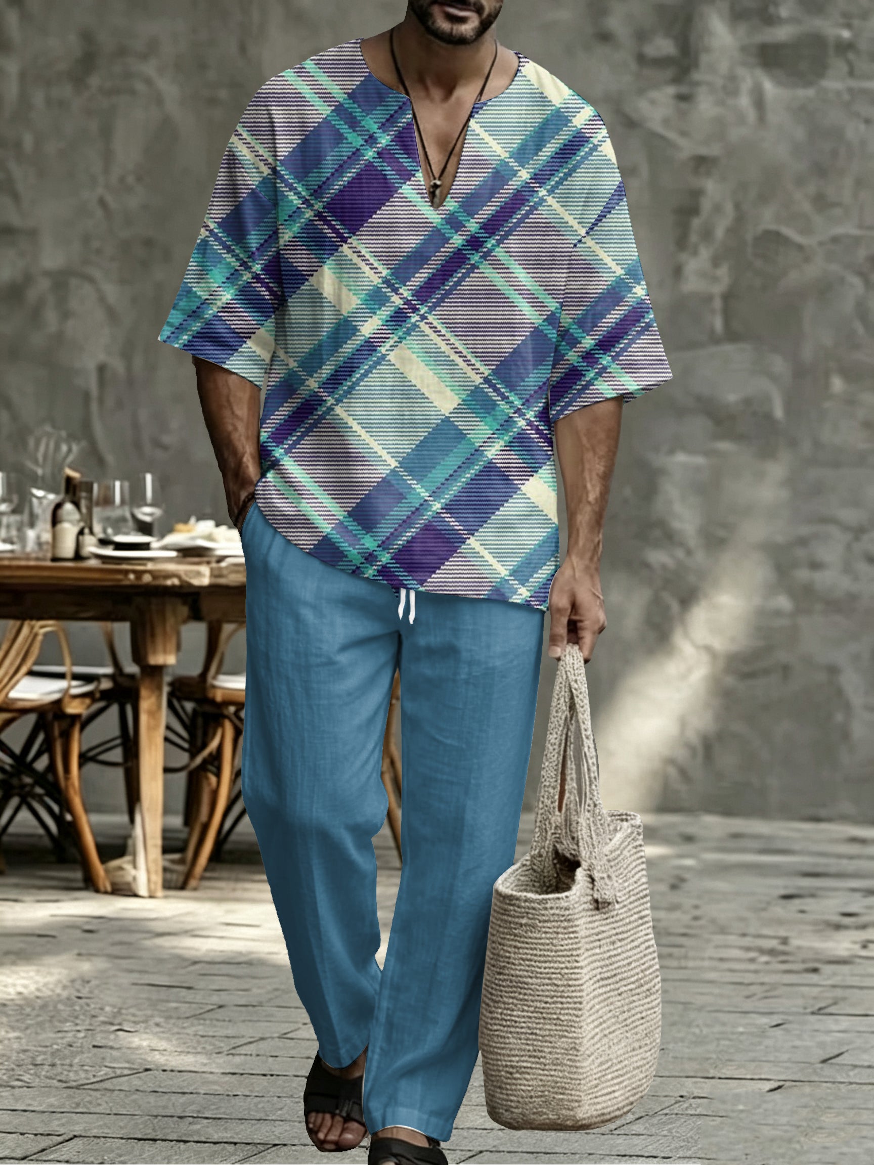Men’s Plaid V Neck Two Piece Set - Casual Short Sleeve Shirt & Drawstring Pants