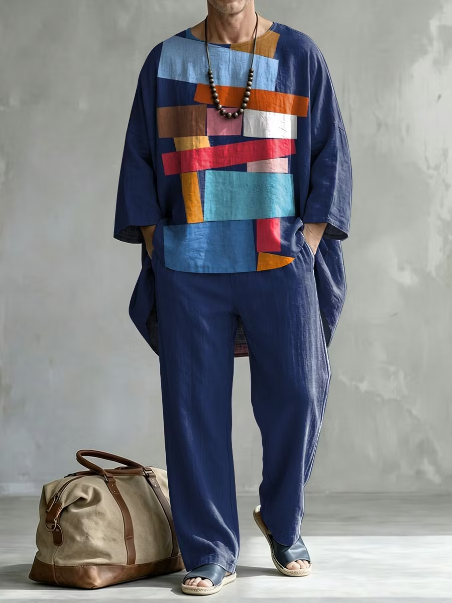 New Men's Spring/Autumn Two-Piece Set: Casual Crew-Neck Top with Abstract Colorful Print and Folded Sleeves—Perfect for Leisure and Vacation.