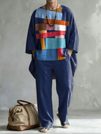 New Men's Spring/Autumn Two-Piece Set: Casual Crew-Neck Top with Abstract Colorful Print and Folded Sleeves—Perfect for Leisure and Vacation.