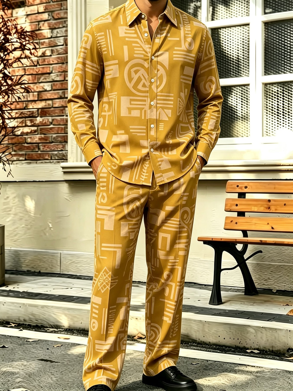 Men's Collared Long-Sleeve Shirt and Pants Two-Piece Set – Floral Print