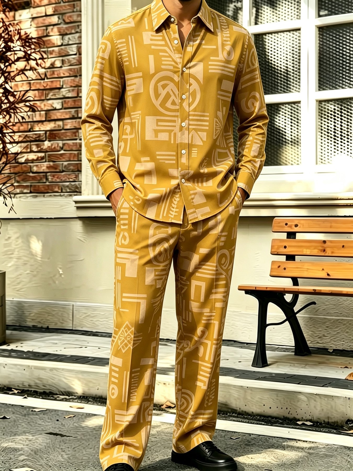 Men's Collared Long-Sleeve Shirt and Pants Two-Piece Set – Floral Print