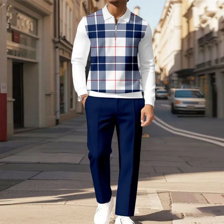 Men's two-piece set featuring a long-sleeved top with a half-zip Polo collar and matching trousers, characterized by an irregular pattern and a casual style.