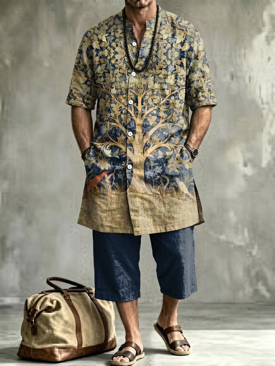 2026 New Men's Loose Plus-Size Abstract Print Stand-Collar Long Shirt & Cropped Pants Two-Piece Set