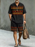 Men's Black Tribal Print Button Shirt & Shorts Set - Casual Summer Outfit