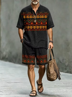Men's Black Tribal Print Button Shirt & Shorts Set - Casual Summer Outfit