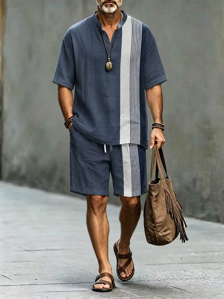 Men's Black Tribal Print Button Shirt & Shorts Set - Casual Summer Outfit