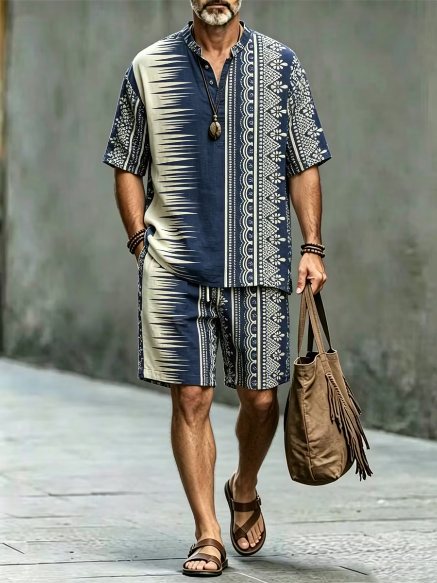 Men's Black Tribal Print Button Shirt & Shorts Set - Casual Summer Outfit