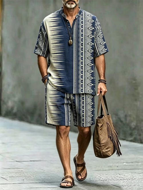Men's Black Tribal Print Button Shirt & Shorts Set - Casual Summer Outfit